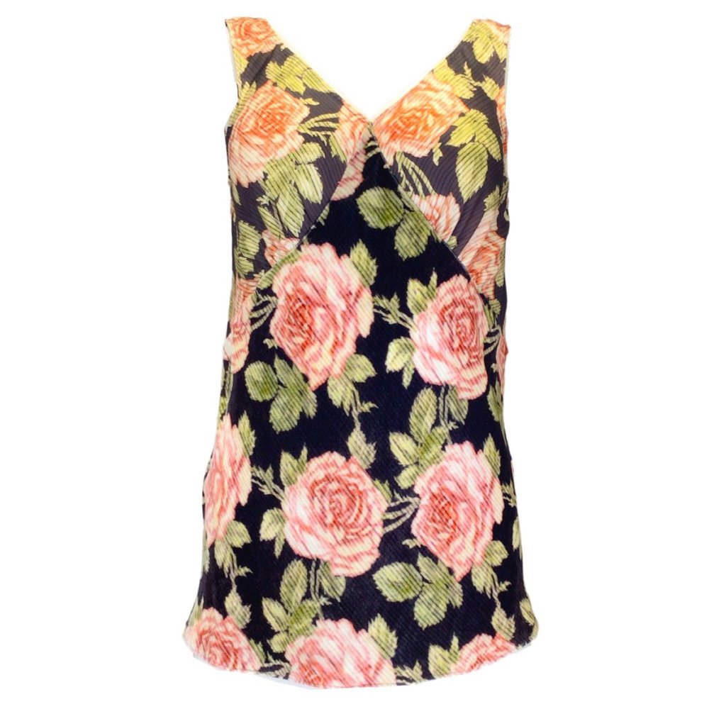 PACO RABANNE BROWN / PINK MULTI SILK AND VELVET MIXED MEDIA FLORAL ROSE PRINT V-